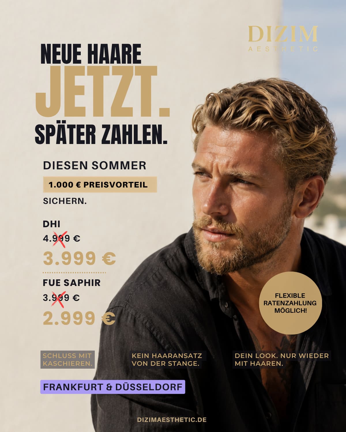 Sommer Special Haartransplantation bei Dizim Aesthetic - DHI 3.999 € statt 4.999 €, FUE Saphir 2.999 € statt 3.999 €